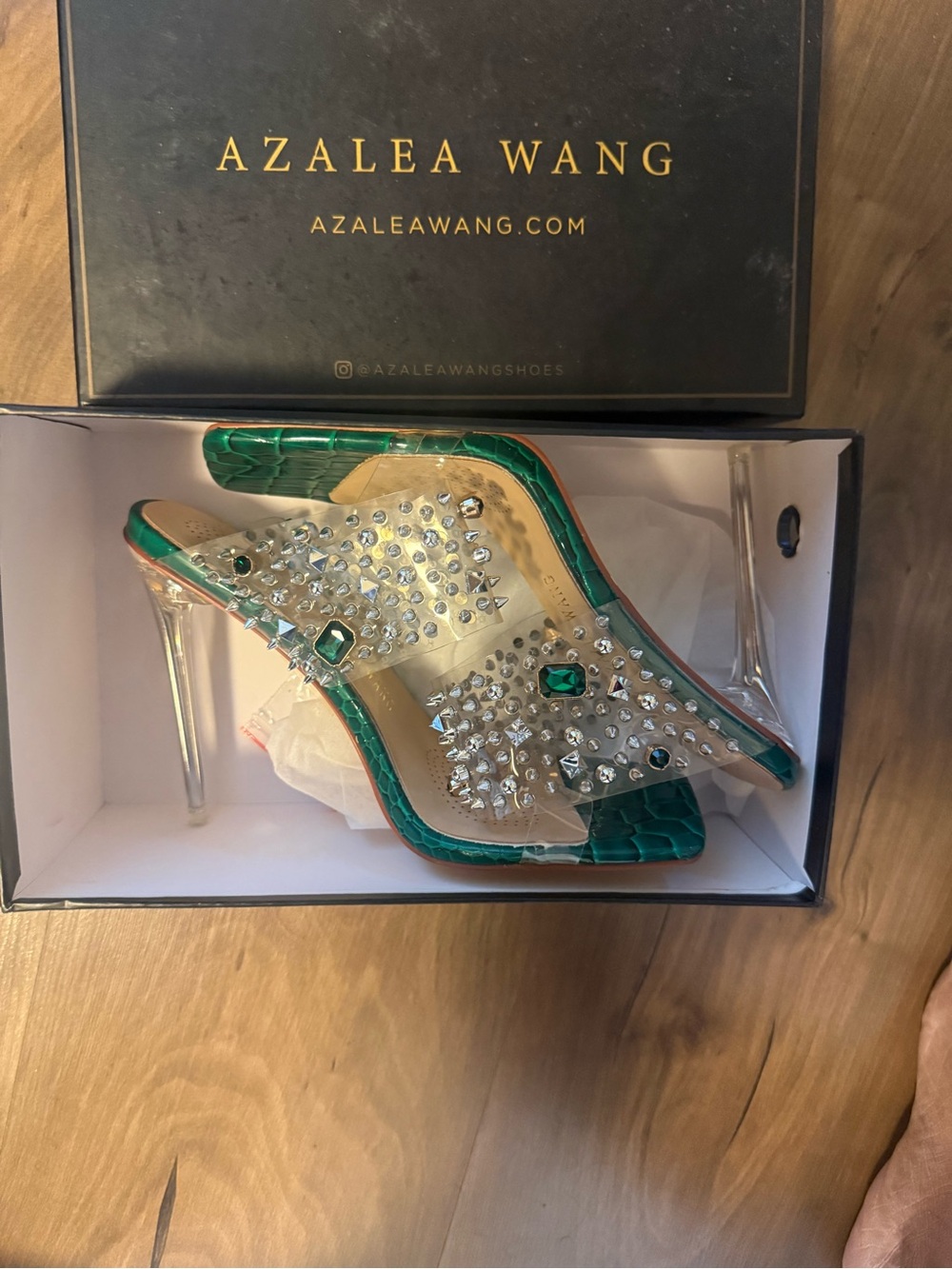 Azalea Wang Green Crystal-Embellished Clear Mule Heels